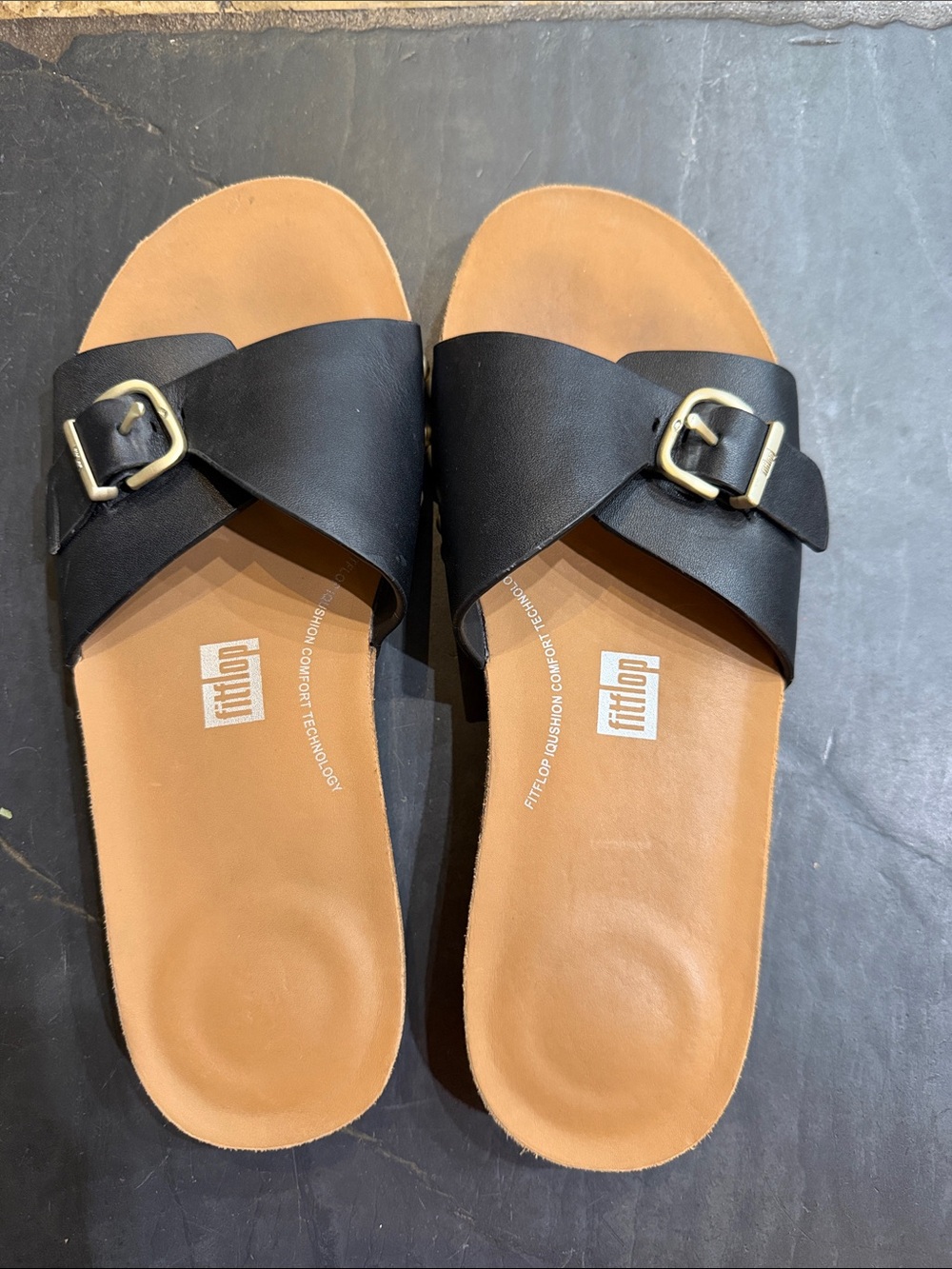 Fitflop Black Cross-Band Slide Sandals with Gold Buckles